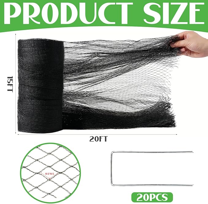15x20 FT Bird Netting for Garden,Heavy Duty Bird Netting for Chicken Coop with Ties and Staples for Vegetable, Fruit Trees,Plants, Lasting Against Birds Deer Squirrels and Poultry (Black)