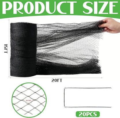 15x20 FT Bird Netting for Garden,Heavy Duty Bird Netting for Chicken Coop with Ties and Staples for Vegetable, Fruit Trees,Plants, Lasting Against Birds Deer Squirrels and Poultry (Black)