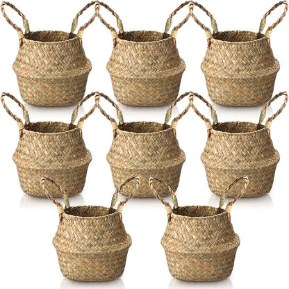 Qunclay 8 Pcs Woven Seagrass Baskets Belly Basket Folding Boho Natural Plant Pot with Handles Round Decorative Wicker Large Indoor Planter for Home Outdoor Tree Planters Decor (Xs,7.9''dx6.3''h)