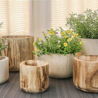 CYS EXCEL 8.25'' Burnt Finish Cylinder Planter Lightweight Natural Wood Cachepot for Indoor Plants, Succulents, Herbs, Home & Office Decor