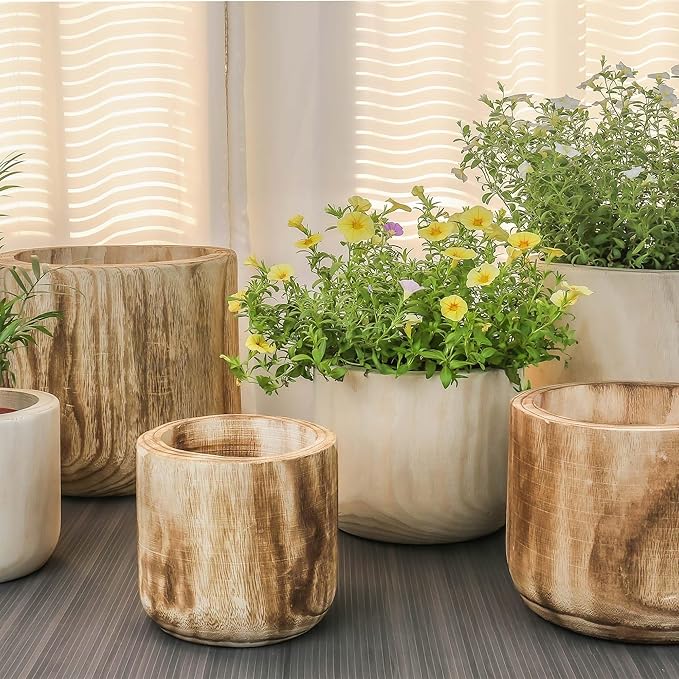 CYS EXCEL 11'' Burnt Finish Cylinder Planter Lightweight Natural Wood Cachepot for Indoor Plants, Succulents, Herbs, Home & Office Decor