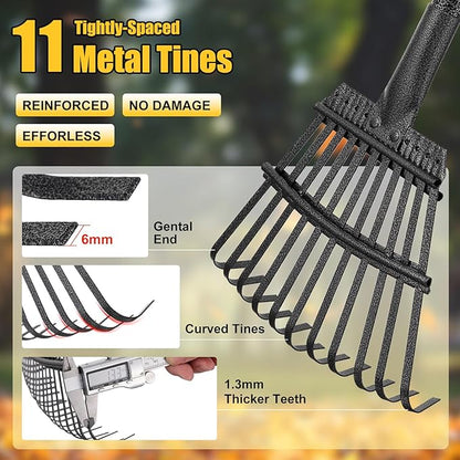 Rake for Leaves: Small Metal Garden Rake, 8.5" Wide, 11 Metal Tines,Heavy Duty Lightweight Kids Leaf Rakes for Small Lawn Yard Shrub,Tight Spot Garden Bed Leaf Debris Picking Cleaning, 60” Long Handle