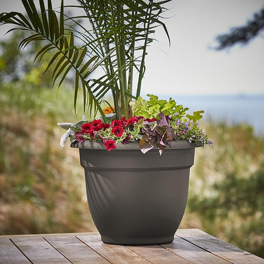 Bloem Ariana 20" Peppercorn Round Self-Watering Resin Planter Pot - Rolled Rim Indoor and Outdoor Gardening Planter