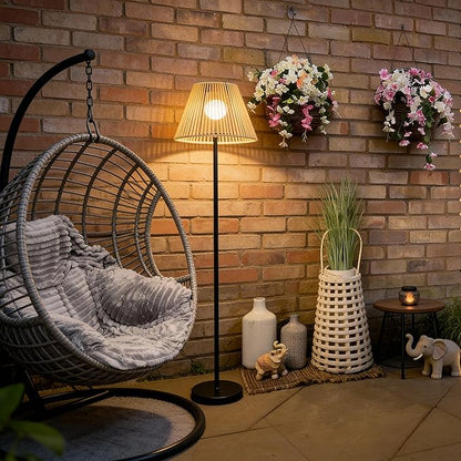 46" Solar Outdoor floor lamps for Patio Decor. Rattan Wicker Lights,Hand Woven Lamp Stable MetalLanterns Outdoor Waterproof Rechargeable,Ideal for Gardens, Yards, Pathways, Driveways and Porches.