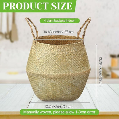Qunclay 4 Pcs Woven Seagrass Baskets Belly Basket Folding Boho Natural Plant Pot with Handles Round Decorative Wicker Large Indoor Planter for Home Outdoor Tree Planters Decor (XL,12''dx13.8''h)