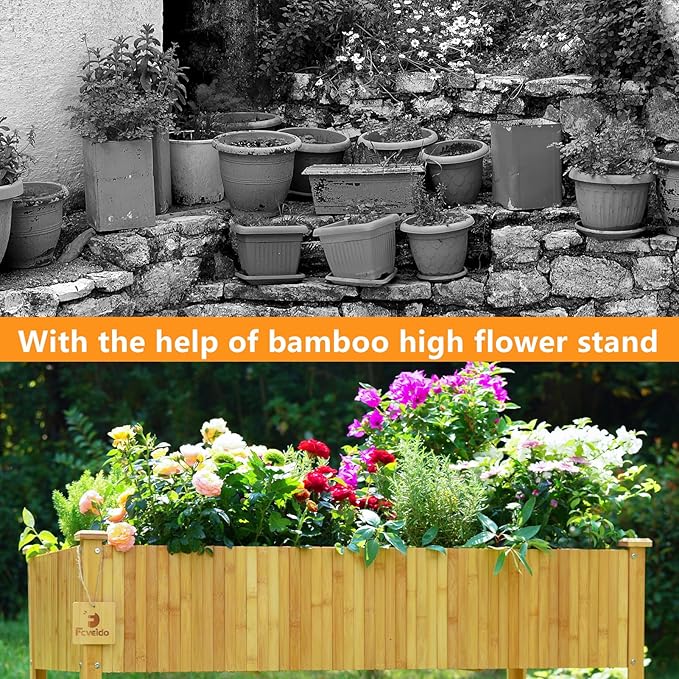 Bamboo Raised Garden Beds Outdoor, Raised Garden Bed with Legs, Elevated Bamboo Planter Box, Standing Growing Bed for Growing Fresh Herbs, Vegetables, Succulents, Flowers (48x25x30 Inch)