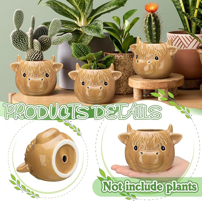 Sieral 2 Pcs Highland Cow Succulent Pots with Drainage Cute Animal Ceramic Planter Pots Plants Holder Cow Shaped Cactus Flower Container for Home Display and Office Desk Decoration