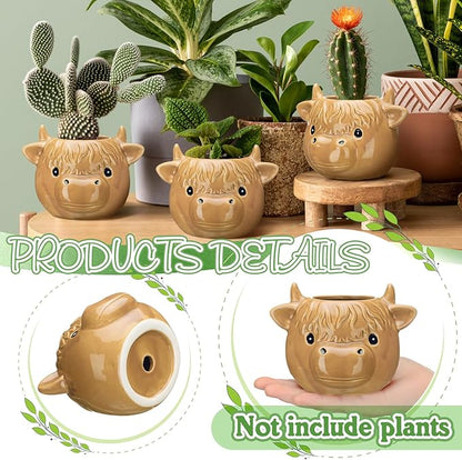 Sieral 2 Pcs Highland Cow Succulent Pots with Drainage Cute Animal Ceramic Planter Pots Plants Holder Cow Shaped Cactus Flower Container for Home Display and Office Desk Decoration