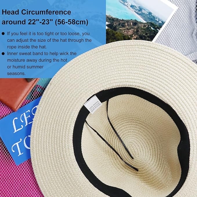 DRESHOW Women Straw Panama Hat Travel Fedora Beach Sun Hat Summer Wide Brim Straw Roll up Hat UPF 50+