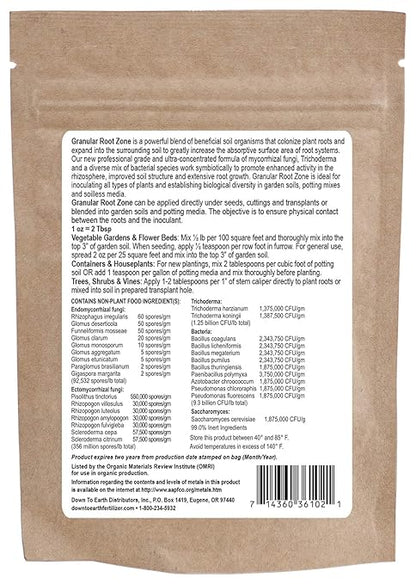 Down To Earth All Natural Fertilizers Organic Granular Root Zone - Mycorrhizal Fungi and Beneficial Bacteria - Soil and Root Inoculant for Plants, 2 oz