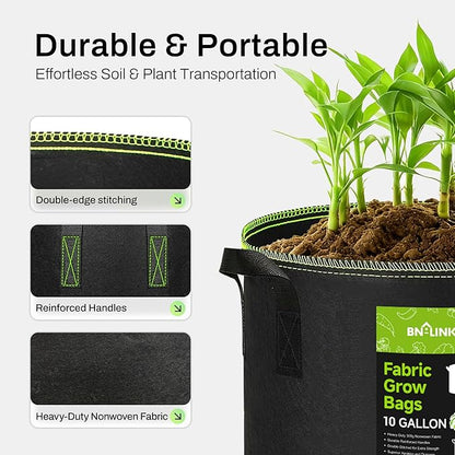 BN-LINK 10-Pack 5 Gallon Grow Bags, Heavy Duty Aeration Fabric Pots with Handles, Thickened Nonwoven Plant Bags for Vegetables, Flowers, Fruits