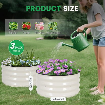 INNO STAG 3 Pcs Round Galvanized Raised Garden Bed — 2×2×1ft Planter Box Outdoor Raised Beds Kit for Gardening Vegetables, Fruits, Herbs, and Flowers, White