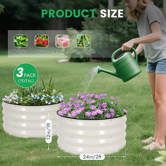 INNO STAG 3 Pcs Round Galvanized Raised Garden Bed — 2×2×1ft Planter Box Outdoor Raised Beds Kit for Gardening Vegetables, Fruits, Herbs, and Flowers, White