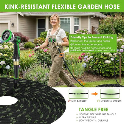 Non-Expanding Garden Hose 100 ft, Lightweight Hose & Flexible Water Hose With 10-Pattern Spray Nozzle, Kink-Free Design, Durable Leakproof Yard Outdoor Hose, Portable Storage Strap, 100 Feet