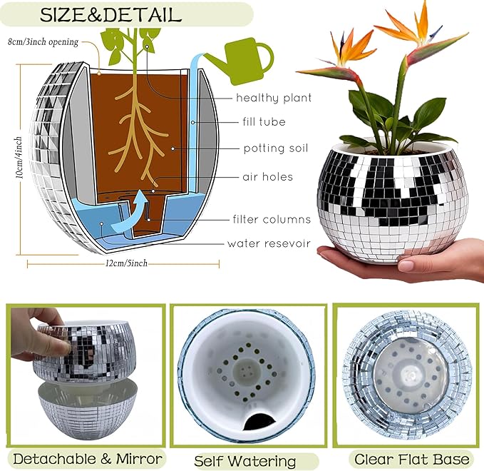 Disco Ball Planter,Disco Ball Vase,Plant Pot,Flower Pot,Mirror Plant Holder,Plastics Self Watering Disco Decor Planter for Small Plant, Party,Table,Office,Kitchen (Silver, 4X5IN)