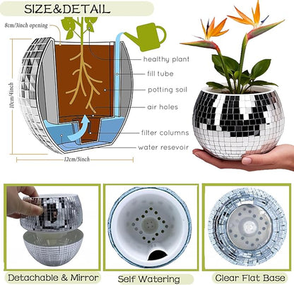Disco Ball Planter,Disco Ball Vase,Plant Pot,Flower Pot,Mirror Plant Holder,Plastics Self Watering Disco Decor Planter for Small Plant, Party,Table,Office,Kitchen (Silver, 4X5IN)