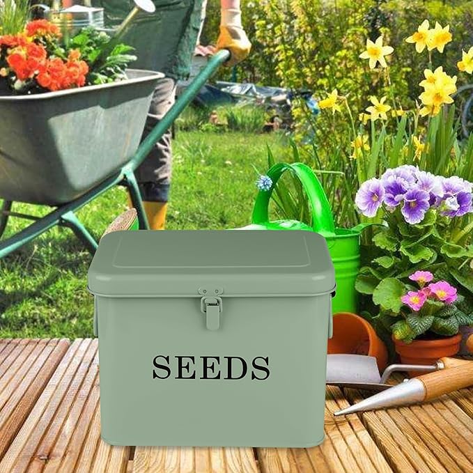 Seed Storage Organizer, T-Shape Compartment Seed Box with Safety Lock, Metal Seed Saving Box, Portable Seed Bin Container with Handle, Including 2 Pens 20 Plant Labels 50 Seed Envelopes-Green