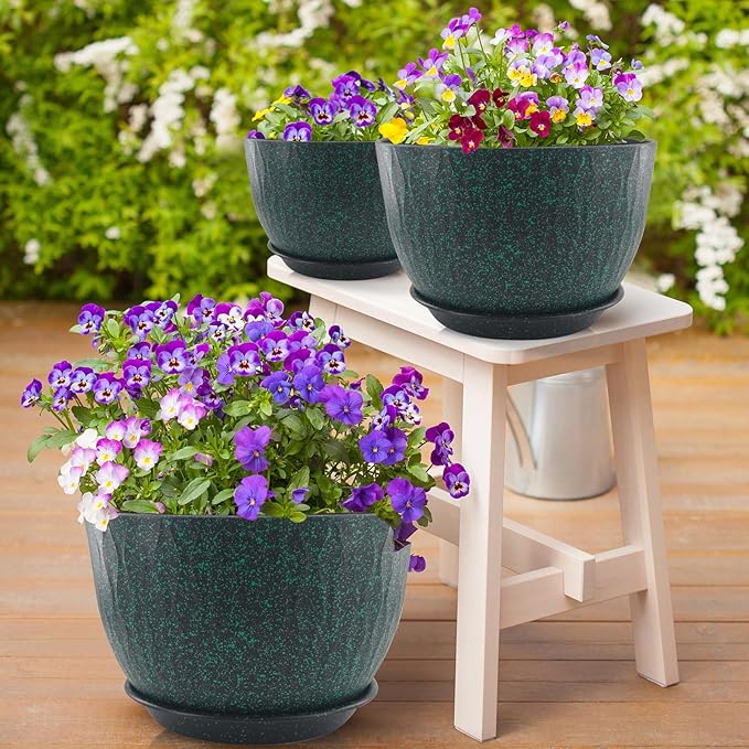12/10/9 inch Plant Pots, 3 Pack Flower Pots for Outdoor Indoor Garden Plants, Large Planters with Multi Mesh Drainage Holes and Saucer (Black with Green Speckles, 12"+10"+9")