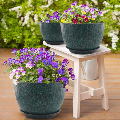 12/10/9 inch Plant Pots, 3 Pack Flower Pots for Outdoor Indoor Garden Plants, Large Planters with Multi Mesh Drainage Holes and Saucer (Black with Green Speckles, 12"+10"+9")