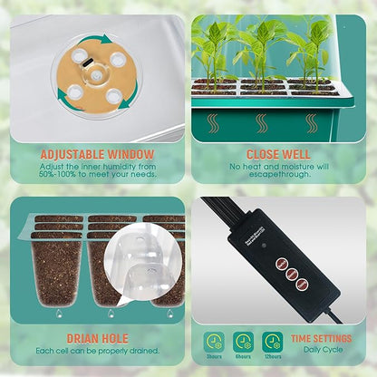 12-Set Seed Starter Tray with Grow Light, Seed Starting Trays Kits with Timing Controller Adjustable Humidity Domes Heightened Lids(12-Cells Per Tray)