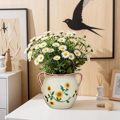 EFISPSS 6 Inch Vintage Ceramic Flower Pot with Relief Design & Handles,Ceramic Cracked Flower Pot with Drainage Hole for Indoor Plants,Tuscan Home Garden Decor (Living Room,Gift Ideas)