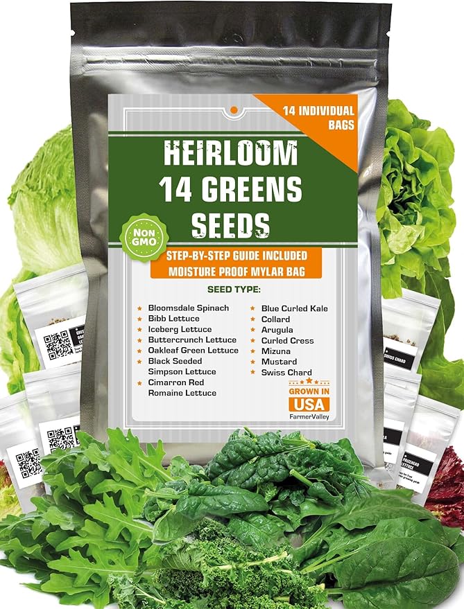 14 Varieties Heirloom Non-GMO Lettuce and Greens Seeds Pack for Outdoor and Indoor Gardening & Hydroponics, 6380 Seeds - Spinach, Bibb, Iceberg, Butter, Oakleaf, Black Seeded Simpson, Romaine & More