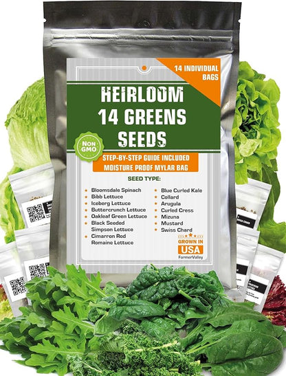 14 Varieties Heirloom Non-GMO Lettuce and Greens Seeds Pack for Outdoor and Indoor Gardening & Hydroponics, 6380 Seeds - Spinach, Bibb, Iceberg, Butter, Oakleaf, Black Seeded Simpson, Romaine & More