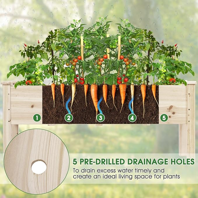 HAPPYGRILL Raised Garden Bed, Wood Planter Box with Legs, 5 Drainage Holes, Elevated Garden Bed for Vegetables Flowers, Outdoor Plant Container for Yard Garden