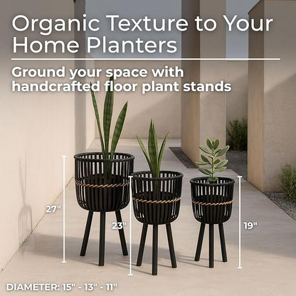 Decorative Bamboo Footed Planters for Home Decor - Garden Plant Pots for Indoor Living Room Decor or Outdoor Patio Areas - Flower Pots for Entryway and Backyard - Set of 3, 27", 23", 19", Black