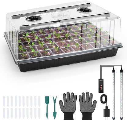 60-Cell Seed Starter Tray with Grow Light, Seedling Starter Trays with 4.08" Humidity Dome, Self-Watering Plant Germination Trays,Seed Starter Kit for Seeds Growing (Black)