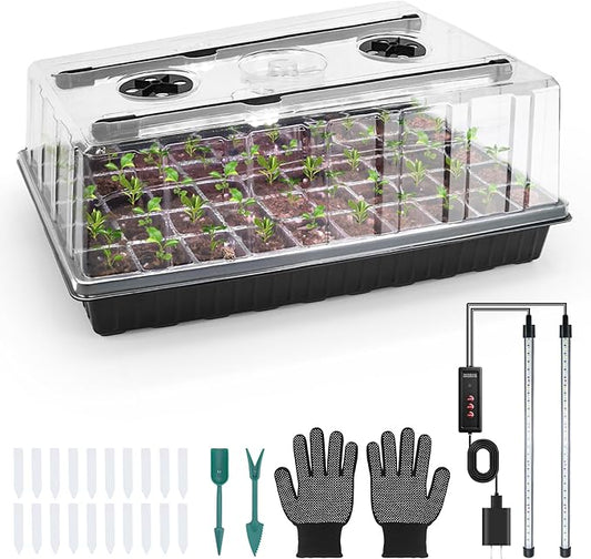 60-Cell Seed Starter Tray with Grow Light, Seedling Starter Trays with 4.08" Humidity Dome, Self-Watering Plant Germination Trays,Seed Starter Kit for Seeds Growing (Black)