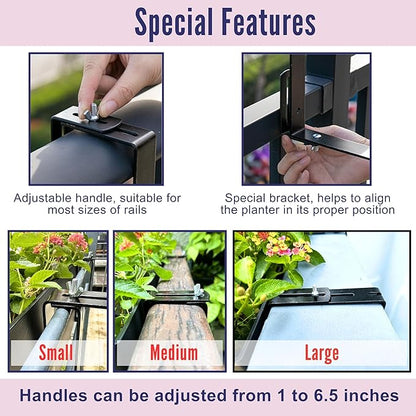 LaLaGreen Rail Planter for Balcony Outdoor (20 Inch, 2 Pack) Large Black Self Watering Railing Planters with Brackets, Rectangular Plastic Deck Fence Window Box Designer Choice with Rattan Pattern