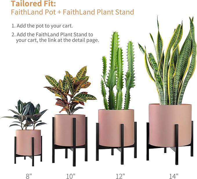 FaithLand Plant Pot 10 inch - Perfectly Fits Mid-Century Modern Plant Stand - Drainage Plug and Drainage Mesh Screen - Terracotta Color Planter Pot