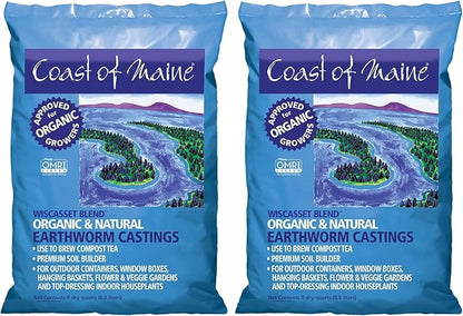 Coast of Maine Wiscasset Blend, 8qt (Pack of 2) Organic and Natural Earthworm Castings, Premium Soil Builder, to Brew Compost Tea