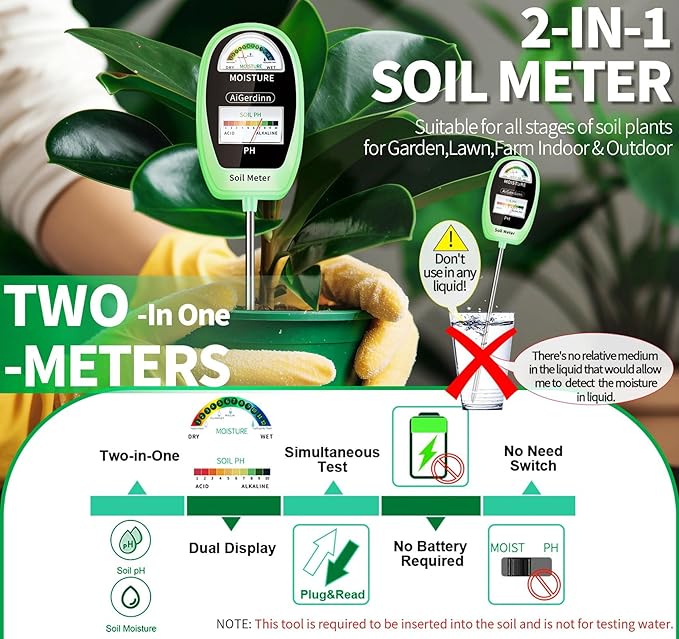 Soil Test Kit, 2-in-1 Soil Moisture Meter, Soil pH Meter -Dual Dial-Simultaneously-Display Results-Soil pH Tester, Moisture Meter for Garden,Lawn,Farm Indoor&Outdoor Plants-Teargreen