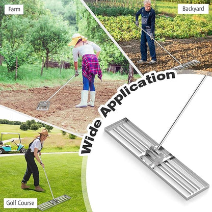 46" x 10" Lawn Leveling Rake, Heavy Duty Landscape Rake with 67" Handle, Non-Slip Grip & Flat Head, Space-Saving Lawn Level Tool for Garden, Backyard, Golf Course & Sports Field(Silver)