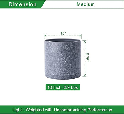 D'vine Dev 10 Inch Plastic Planter Pots for Plant Pot with Drainage Hole and Seamless Saucers, Speckled Gray Color, 74-X-G-2