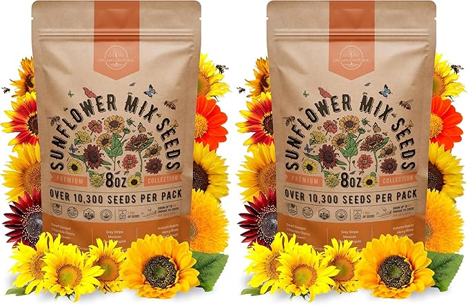 Sunflower Mix Seeds Pack 8 oz - Over 10,300 Non-GMO Heirloom Sunflower Seeds for Planting, Annual Flowers in Individual Seed Packet for Planting Home Garden Indoor & Outdoor Gardening (Pack of 2)