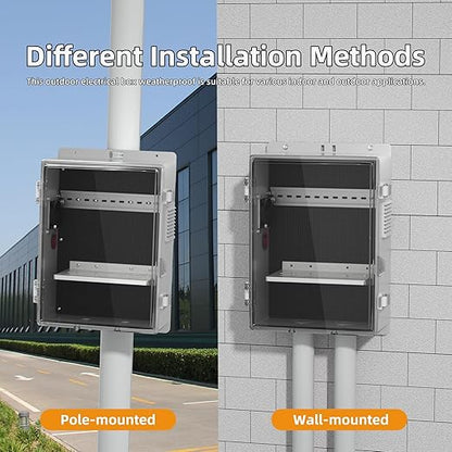 Joinfworld Outdoor Electrical Vented Box Outdoor Waterproof Junction Enclosure 16x11x6 Plastic WiFi Box with Stainless Steel Buckle Dust Screen 12V Fan