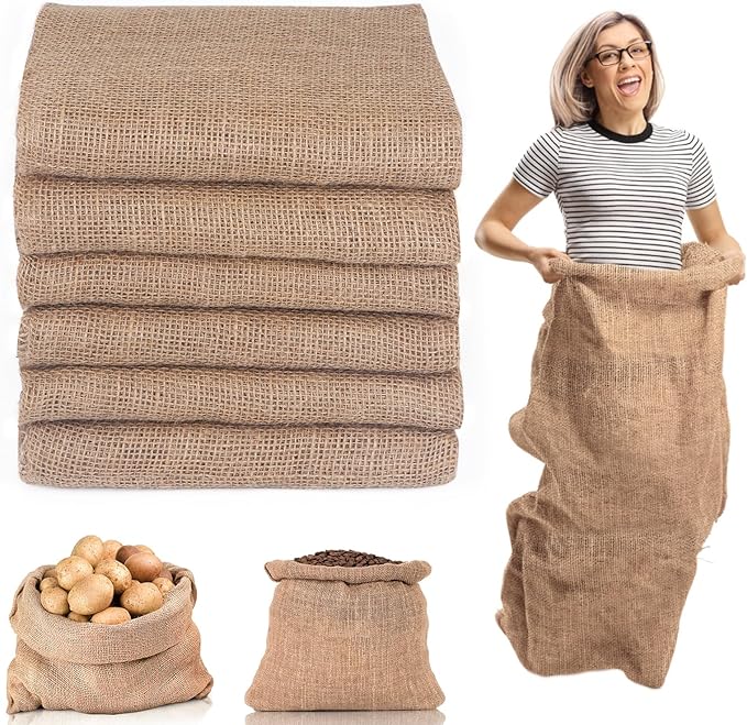 Kmise Burlap Potato Sack Race Bags (Pack of 6)，39"x25" Large Natural Jute Burlap Sacks for Kids & Adults, Reusable Eco-Friendly Grow Bag for Field Day Games, 3-Legged Races & Harvest Storage