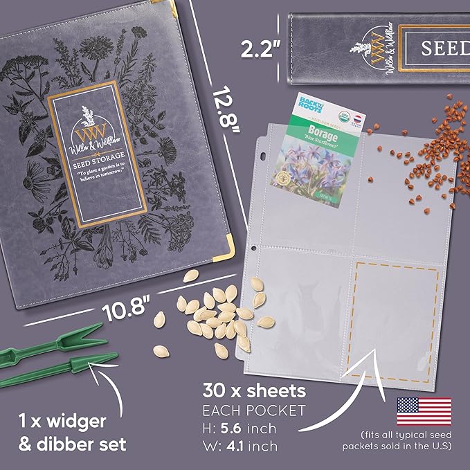 Willow and Wildflower Garden Seed Organizer Binder, Seed Storage Organizer, Garden Binder Book for Packet Storage Catalog Can Store 120 Packets with Dibber and Widger (Slate Blue)