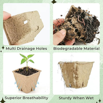 100 Pcs Square Nursery Pots, 5 Pcs Seed Starter Tray, 2.6 inch Nursery Pots with Tray, Plastic Starter Pots for Planting Seeds, Reusable Seed Starting Pots with Drainage Holes (Kraft Paper)