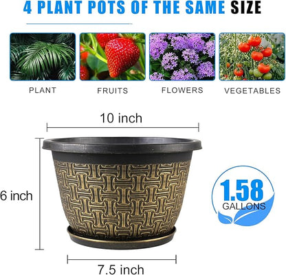 10 Inch Plant Pots, 4 Pack Flower Pots Outdoor with Drainage Holes & Trays, Retro Antique Imitation Decorative Garden Plastic Pots for Plants Indoor Sets for Houseplants