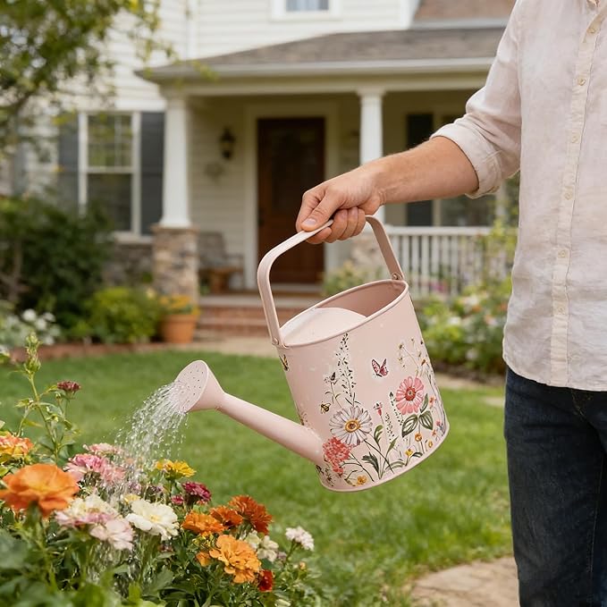 Vintage Floral Metal Watering Can for Indoor/Outdoor Plants, Pink Functional Garden Waterer with Long Spout, Garden Water Pot Rustic Decor for Home Garden Patio