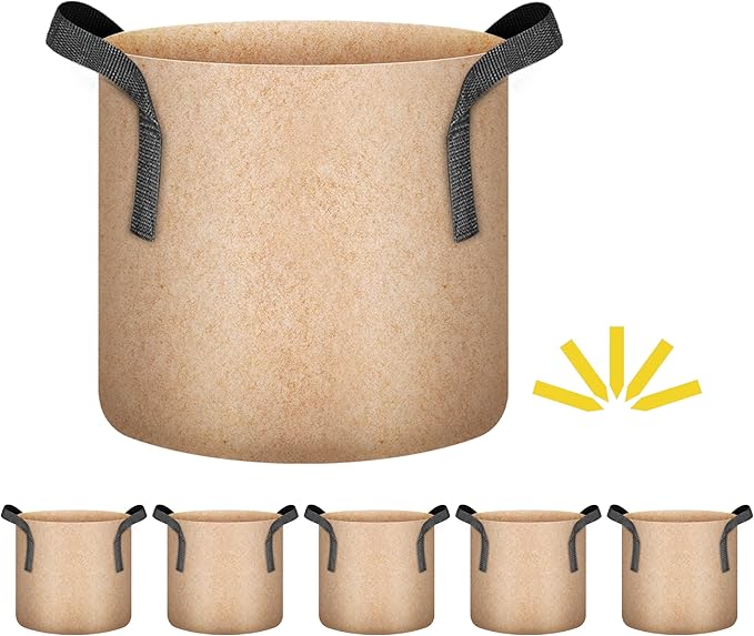 iPower 5 Pack 2 Gallon Tan Grow Bags, Garden Planting Nonwoven Fabric Pots with Reinforced Handle, Heavy Duty and Aeration Planter Pot for Tomato, Fruits, Vegetables and Flowers