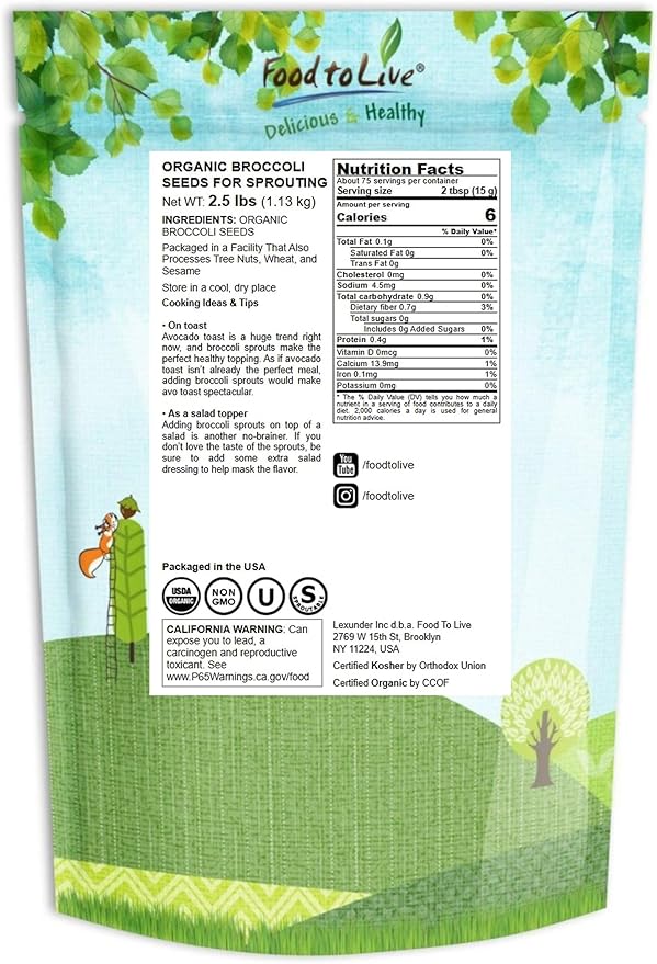 Food to Live Organic Broccoli Seeds for Sprouting, 2.5 Pounds – Non-GMO, Vegan, Kosher, Sirtfood, Bulk. Rich in Sulforaphane, Vitamin C. Grow Sprouts, Microgreens for Salads, and Sandwiches