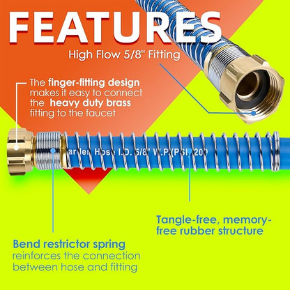 5/8 IN. × 10FT. Flexible Rubber Garden Hose, High Flow 5/8" I.D. Brass Fitting No Memory Durable Heavy Duty Water Hose Leader Hose for Watering, Irrigation, Water Transfer Pump