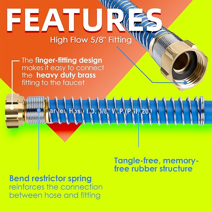 5/8 IN. × 5FT. Flexible Rubber Garden Hose, High Flow 5/8" I.D. Brass Fitting No Memory Durable Heavy Duty Water Hose Leader Hose for Watering, Irrigation, Water Transfer Pump