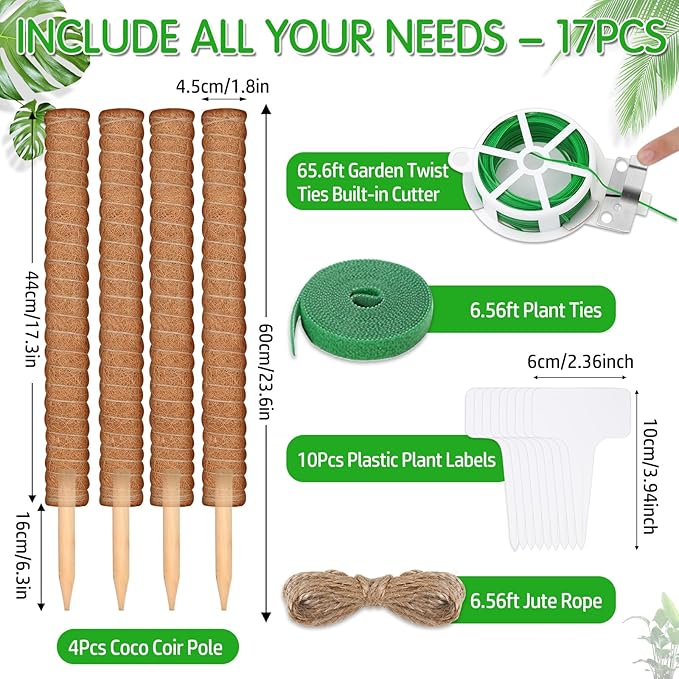 4 Pack 21.7" Coco Coir Poles, Stackable Plant Stakes Moss Pole for Plant Monstera with Twist Ties Plant Ties Labels Jute Rope, Plant Sticks Support for Climbing Plants Growth Indoor