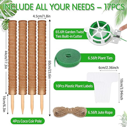 4 Pack 21.7" Coco Coir Poles, Stackable Plant Stakes Moss Pole for Plant Monstera with Twist Ties Plant Ties Labels Jute Rope, Plant Sticks Support for Climbing Plants Growth Indoor